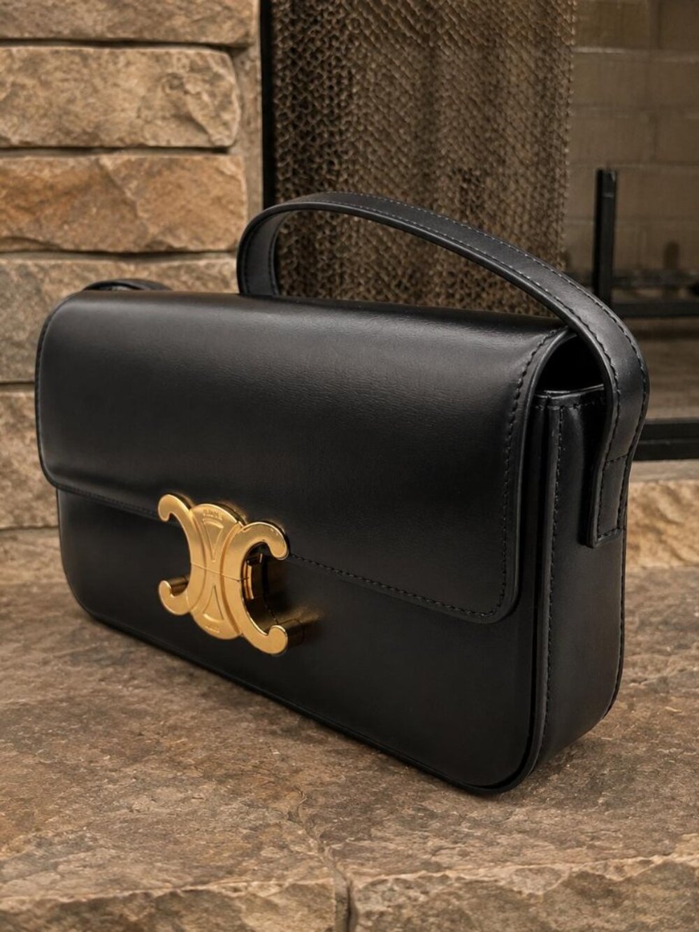 CELINE Triomphe Bag Black Shiny Calfskin Gold Hardware NIB New